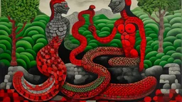 The image features two large stone-like structures with abstract human forms carved into them. A serpent, characterized by its red and black coloration, slithers between the two figures. One side includes an apple, and the other displays a leaf, adding organic elements to the otherwise rigid and surreal setting. The background consists of a checkered pattern, enhancing the surreal and artistic quality of the scene.