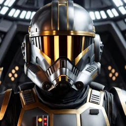 star wars bald male corellian pilot wearing dark gunmetal grey and black First Order special forces TIE pilot armored flightsuit and helmet with gold trim inside the jedi temple, centered head and shoulders portrait, hyperdetailed, dynamic lighting, hyperdetailed background, 8k resolution, volumetric lighting, light skin, fully symmetric details