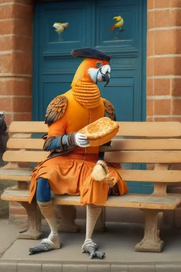 Half parrot half human in a 1700s Orange Dutch uniform siting on a bench in a Dutch city eating a loaf of bread