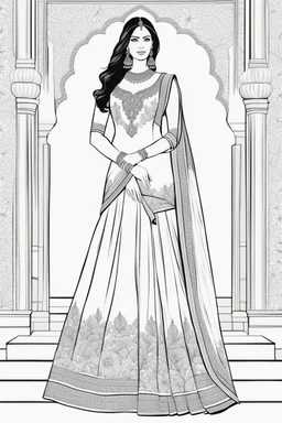 Coloring page for adults of a elegant fashion model woman wearing hindi dress, dynamic poses, full body portrait, thick and clean lines, clean details, no-color, no-turban, no-background, non color, non shading, no-grayscale, dynamic poses, full body portrait, thick and clean lines, clean details, no-color, no-turban, , non background, non color, non shading, no-grayscale, no color hair