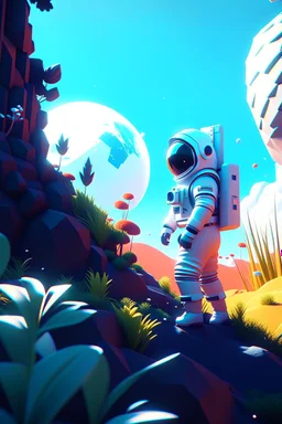 (((close midshot))), (((low poly art:2))), (astronaut), ultra detailed illustration of an environment on a dangerous:1.2 exotic planet with plants and wild (animals:1.5), (vast open world), astroneer inspired, highest quality, no lines, no outlines candid photography. by Lekrot