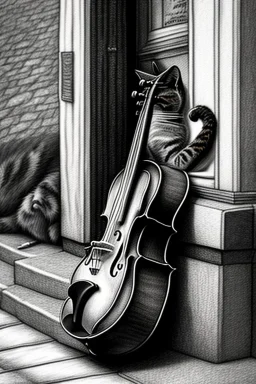 One single mature homeless cat sleeping in a corner on the street, violin case, Vienna, mourning, model style, hyper realistic, extremely accurate, delicate, extremely detailed, Graphic novel style, wide-angle, open aperture, superfine pencil