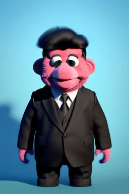 Waist up muppet Portrait, Kim Jong-un as muppet doll, black suit, photo studio, blue background, unreal engine 5, concept art, art station, god lights, ray tracing, RTX, lumen lighting, ultra detail, volumetric lighting, 3d.