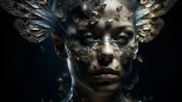 Create a surrealistic hybrid portrait made entirely of intricate glass shards, merging human features with elements of a moth. Integrate the distinctive wings, antennae, and compound eyes of a moth into the human face, blending seamlessly with the human skin and hair. Use dramatic, low-key lighting to create a mysterious and otherworldly atmosphere, reminiscent of moonlight filtering through fog. Capture a medium shot to show both the face and the upper body, emphasizing the delicate details of