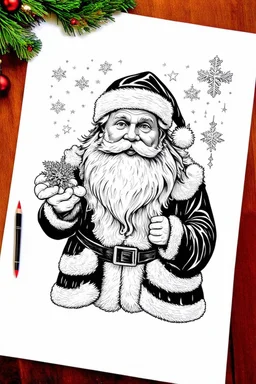 coloring page of a Christmas drawing, A4, white background, black and white, magical style, dreamy, detailed drawing, christmas santa