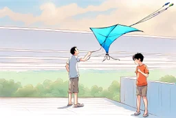 kite started to come down. And, soon it fell down on the terrace of the unknown building. The young son was surprised to see this. He had cut the kite loose of its thread so it can fly higher,