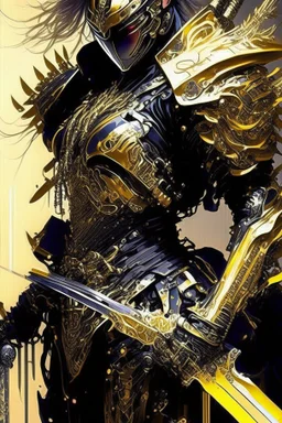 a person with a sword in their hand, very beautiful cyberpunk samurai, shirow masamune, black and golden armor, anime fantasy artwork, bio - mechanical ninja samurai, cyberpunk samurai, masamune, intricate assasin mecha armor, demon samurai warrior, light gold armor, ghostblade, lacquered armor, black and gold armor, demon samurai