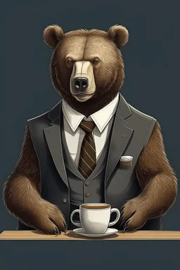 A Hidden bear wearing a business suit drinking coffee