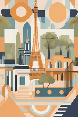 Explore the essence of a Retro Mediterranean Retreat, highlighting the iconic Eiffel Tower through sleek geometric designs and sophisticated color schemes. Delve into the nostalgia of a bygone era and let your creativity flourish.ut