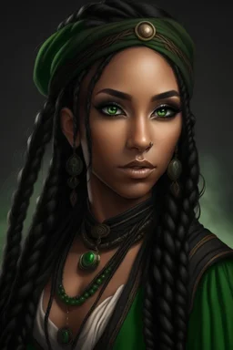 24 years old mulatto sorceress, green eyes, with long braids of black hair, dressed in steampunk style