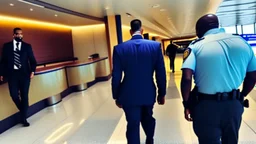 2 security officers escort upset man in suit away from airport lounge