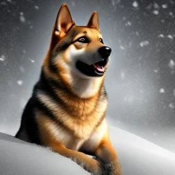 Doge, shiba inu mixed with German Shepherd, in the snow, silly face, ethereal