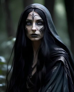 beautiful, mongolian, face painted half black, fae, drow, elf, long black hair, ritual scars, pointy ears, druide, black robes, fantastic realism style, high fantasy, forest, mystic, soft light