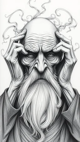 highly detailed graphite illustration, A surreal elderly figure with exaggerated anatomical featured , hands up heavily wrinkled skin, and an intense, contemplative expression. bald head, thick eyebrows, long beard merge into swirling abstract shapes. Large, other gripping the forehead tensely. Mysterious, introspective, dreamlike, somewhat dark fantasy. #𝙙𝙧𝙚art #prompt