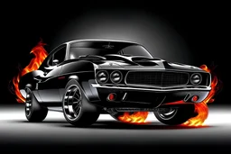 Black muscle car with flames coming out of exhaust pipes, fat tires, shiny rims.