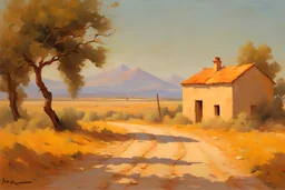 Sunny day, countryside, dirt road, mountains, distant adobe house, trees, rodolphe wytsman and henry luyren impressionism paintings
