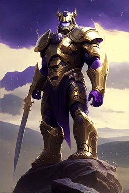 Thanos, the commander of the army of aliens and the king of the entire galaxy, is ready to go on a campaign with his two large swords, his very beautiful and impenetrable armor with his golden helmet, standing on top of a hill with his sword with infinity gauntlet