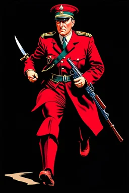 poster of a german soldier(uniform and face based on racist steriotypes) running towards viewer, a knife i one hand, and a gun(barrel pointing at viewer) in the other. retro poster monochrome with white background