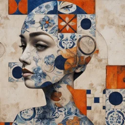 abstract editorial image, woman portrait, portuguese azulejos tiles pattern, mixed media