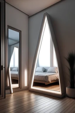 Bedroom with Vertically triangular standing mirror with white led lights around it. Background should be a bed