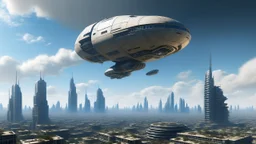 A small, wide, squat Spaceship hovering in a ruined alien city, surrounded by tall damaged buildings, clear blue sky, small white clouds, photorealistic