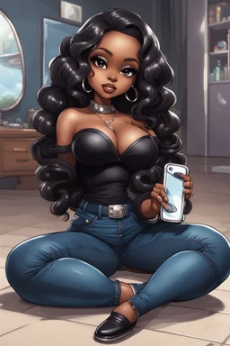 Create a futurism magna art of a black chibi curvy female sitting on the floor looking at herself in a hand mirror. She is wearing tight blue jeans and a black off the shoulder blouse. Prominent make up with lush lashes. Highly detailed long wavy hair. She is also wearing silver large hoop earringsart of a black chibi curvy female sitting on the floor looking at her cell phone. She is wearing tight blue jeans and a black off the shoulder blouse. Prominent make up with lush lashes.