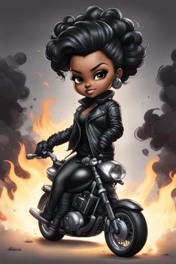 Create a digital airbrush illustration of a chibi cartoon full figure black female riding a sports motorcycle. She is wearing biker jacket and black tights with biker boots. Prominent make up with log lashes and hazel eyes. Extremely highly detailed black shiny wavy hair up in a messy bun. Background of smoke surrounding her and the bike and she's at a bike show.