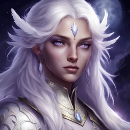 Generate a dungeons and dragons character portrait of the face of a beautiful female cleric of peace aasimar blessed by the goddess Selune. She has white hair and is surrounded by moonlight. She has pale purple eyes. She has some white feathers hanging in the lower part of her long her hair. She has a youthful face.