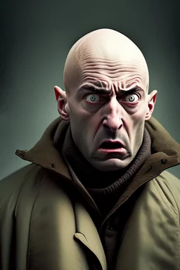 bald scared man in coat