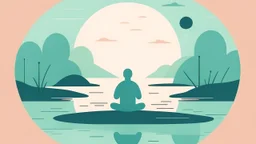 Create a minimalist, flat-style illustration capturing the essence of mindful meditation. Depict a character meditating in a natural setting using the chosen color palette - #87CEEB for a celestial sky, #00CED1 for tranquil waters, and #2C363F for grounding elements. Infuse a subtle grain texture for added depth. Emphasize simplicity and tranquility, portraying the transformative and holistic nature of the meditation experience.