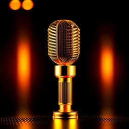 An image featuring a stunning golden microphone illuminated by soft spotlighting. The microphone stands on a sleek stand, exuding an air of elegance and significance. The golden hue catches the light, adding a touch of glamour to the scene. This image prompts thoughts of prestigious events, captivating performances, and the art of expression through voice.