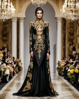 Full body Photography art fashion show event,islamic fashion show cat walk gorgeous super model Beautiful woman iranian hijab ,dressing luxury black and golden color design wedding gown made of flowers ,full of various kinds of flowers,soft colors