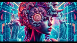 A surreal futuristic portrait of a woman with a spiral nautilus shell as her headpiece, blending vivid psychedelic colors and intricate patterns. Classical Greek and Roman sculptures surround her, emerging from the spiral like gods of mythology, Neuve,surreal vibe, abstrack geometri, absurd, multi eksposurBackground features a neon cyberpunk grid and abstract digital elements. Highly detailed, vibrant, dreamlike, sci-fi-meets-classical aesthetic, ultra HD, cinematic lighting.