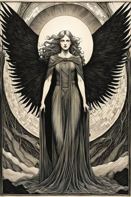 create a deeply evocative, ethereal, and darkly magical aquatint illustration of an epic fantasy raven crone with highly detailed and deeply cut facial features, large outstretched wings, body covered in feathers, in the style of EDWARD BURNE-JONES, WILLIAM MORRIS, and KATHE KOLLWITZ combined with the comic art style of BILL SIENKIEWICZ and JEAN GIRAUD MOEBIUS, searing lines and forceful strokes, precisely drawn, inked, and richly colored