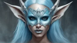 urban fantasy, woman, elf, skull mask, light-blue skin color