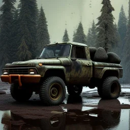 stylized hyperrealistic shot, muddy aggressive military toy truck, monotone color palette, sharp focus, puddle reflection, tire water splash, refraction, overcast, rocky terrain with huge boulders, detailed and intricate, cinematic composition, micro, tilt shift photography, unreal engine 5, octane render, 8k, cinematic lighting