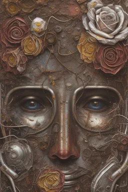 an abstract painting of rusted metal and flowers, by anselm kiefer and lucian freud, rust, scaffolding, iron cladding, decay, mixed media, textured, anatomically correct, beautiful perfect face, sharp focus, highly detailed