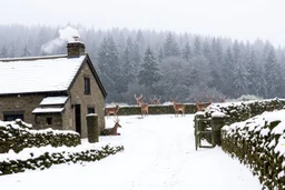 Snow falling heavily in the Cotswald area of England. A stone cottage with smoke coming out of the chimney. Surrounded by stone fences. In the background a startled group of deer look this way. A thick forest behind them.