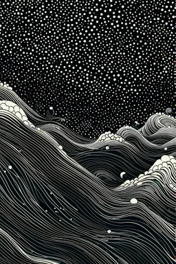The illustration depicts a seamless wave pattern stretching across the page. Waves of varying sizes and shapes overlap and cascade downwards, creating a dynamic and fluid composition. The waves transition from darker shades of black at the bottom to lighter shades towards the top, mimicking the depth and movement of the ocean. Small details like foam and bubbles can be found within the waves, adding depth and realism to the scene.
