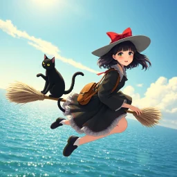 The high-resolution realistic portrait of Kiki in "The Witch Home Delivery Service" depicts a young Japanese beauty cosplayer, with delicate facial features, flowing skin, delicate facial texture, and light and natural makeup, she is relaxed riding a broomstick through the sunny sky wearing a red bow on her head, wearing a black dress and carrying a brown leather satchel on her back, flying on a broomstick with the black cat Gigi, their figures soar over the sparkling coastal water, dynamic wind