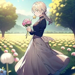 anime girl holding on to a dried dandelion flower and blowing the dried seeds into the air as the wind carries them away. outdoors scene.anime girl standing in a meadow of flowers