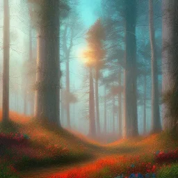  pastel colors, future art , red, orange, white,brown,son, earth, wod, trees, flowers, forest