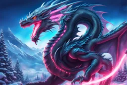 Cyber Machine dragon in 8k anime realistic drawing style, neon effect, close picture, snow, apocalypse, intricate details, highly detailed, high details, detailed portrait, masterpiece,ultra detailed, ultra quality