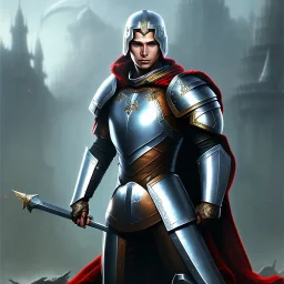 a pretty boy in armor, without beard, Has grey eyes, black hair.