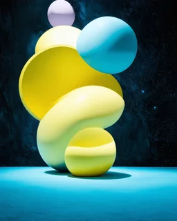 Fotografia di una superficie piatta di colore azzurro chiaro e giallo pastello, su cui si ergono enormi surreali strutture di forma astratta e surreale, di metallo, di colori vari, forti contrasti. Buio. Joan Miró odd style. Strong 3d deep field. Oscurità, paranoic, obsessive, homologic, phobic, nightmare, notte, glossy, hasselblad h6d400c --ar 85:128 --v 6.