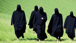 Black robed, hooded monks in the field