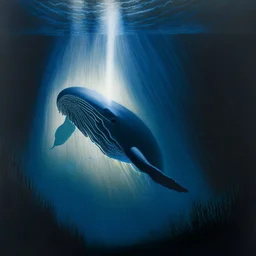 A dramatic, chiaroscuro-style acrylic painting of a powerful sperm whale hunting its prey in the depths of the ocean, with stark contrasts between light and shadow to emphasize the intensity and raw beauty of the scene