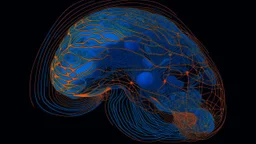 A digital serigraphy by Moebius of a digital brain made of points and lines. Colors are blue and orange in a dark background.