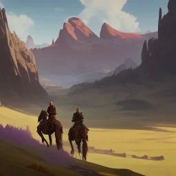  mountains with medieval knight in armour traveling on a horse in the background