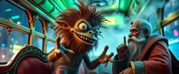 close up portrait of hairy fluffy polymer clay cute happy excited gesticulating monster with realistic human colored and textured skin, and long sleek limbs and with studio lights, on a luxury ornate neon buss with strange graphitti and tatooes, talking to a wise man, buss is full of smoke, and bright beams from the sky